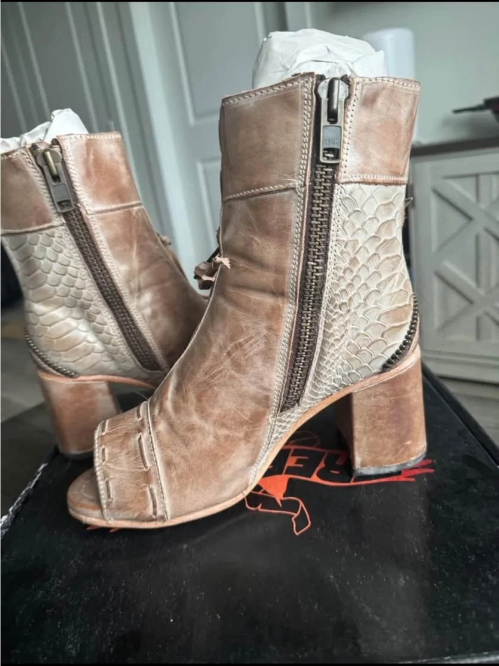 freebird Taupe Open-Toe Ankle Heeled Boots with Buckles